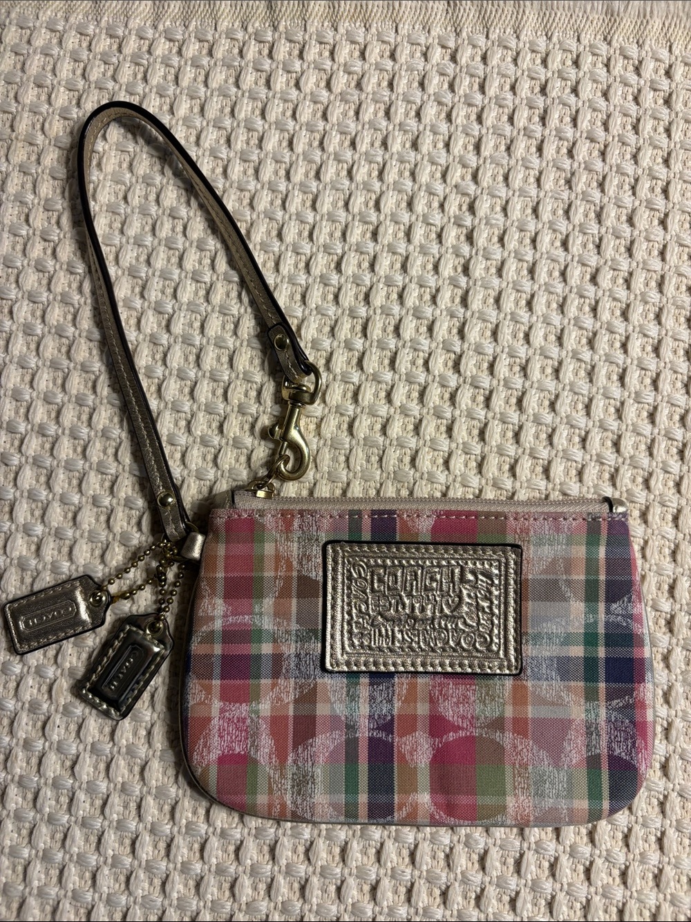 Coach Multicolor Plaid Wristlet with Gold Metallic Leather Trim